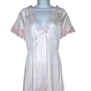 Vintage Light Pink Nylon Nightgown: Lace Trim, Tie Back (Size L)